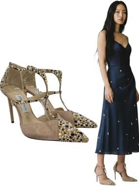 Jimmy Choo Sanoi Crystals Beige Suede Embellished Shoes Size 38